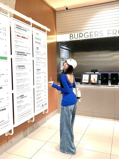 ''Na+''純欲軌跡 辣妹性感露背U領修身上衣 藍