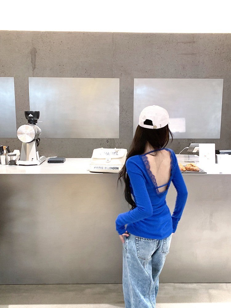 ''Na+''純欲軌跡 辣妹性感露背U領修身上衣 藍