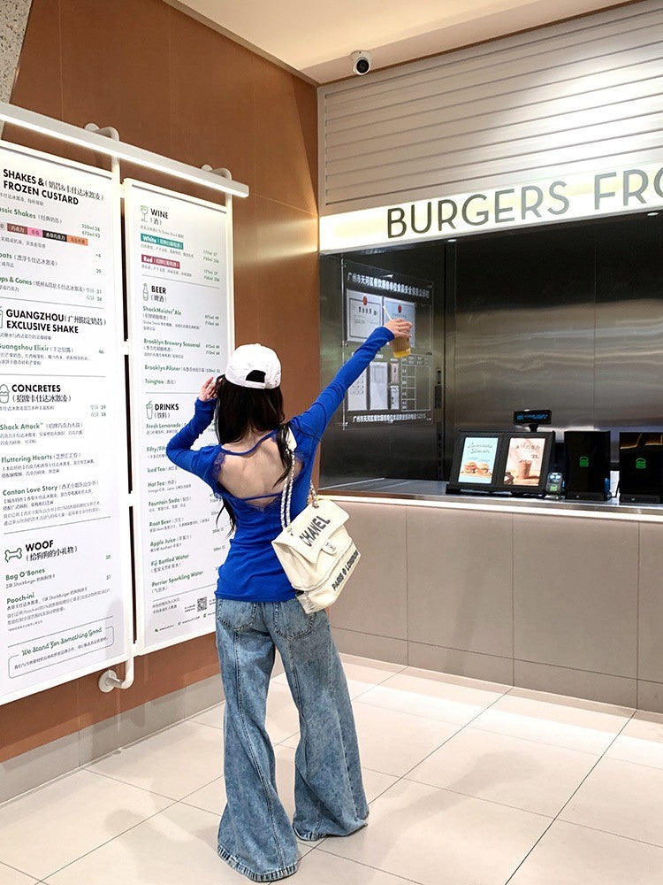 ''Na+''純欲軌跡 辣妹性感露背U領修身上衣 藍