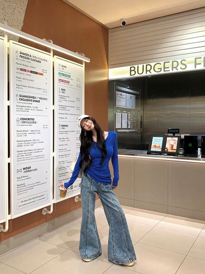 ''Na+''純欲軌跡 辣妹性感露背U領修身上衣 藍