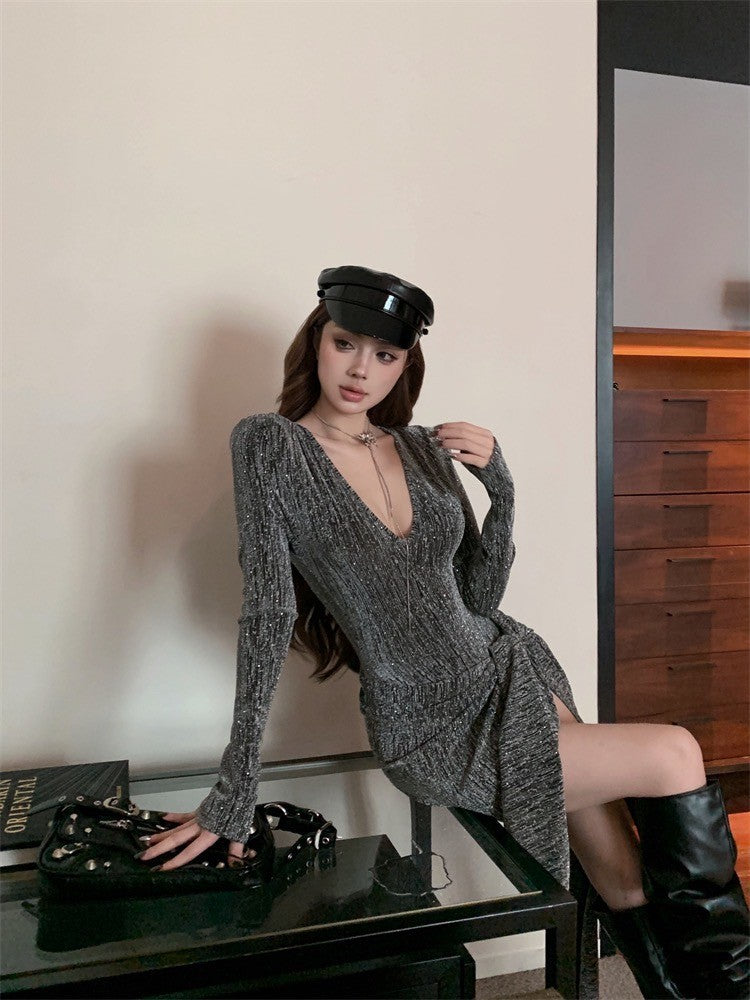 ''Na+''焦點目光 辣妹細閃紗編織V領飄帶連身裙 銀/黑