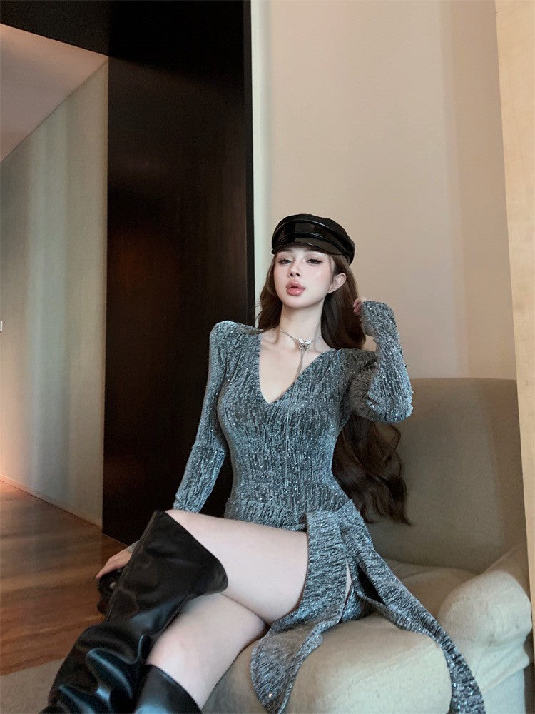 ''Na+''焦點目光 辣妹細閃紗編織V領飄帶連身裙 銀/黑