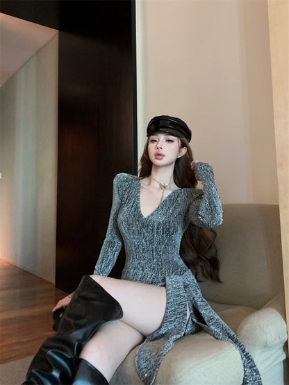 ''Na+''焦點目光 辣妹細閃紗編織V領飄帶連身裙 銀/黑