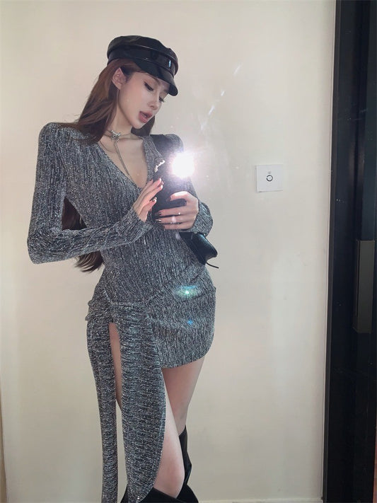 ''Na+''焦點目光 辣妹細閃紗編織V領飄帶連身裙 銀/黑