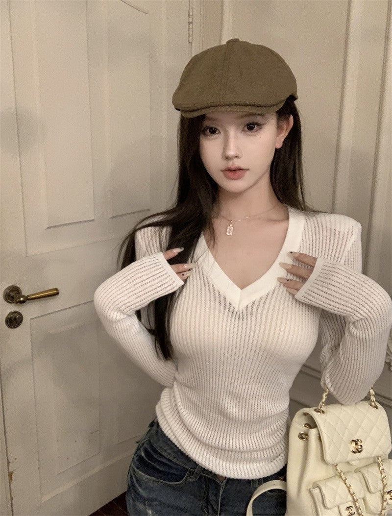 ''Na+''休閒百搭 V領網眼針織上衣 米/卡其 中腰半身裙