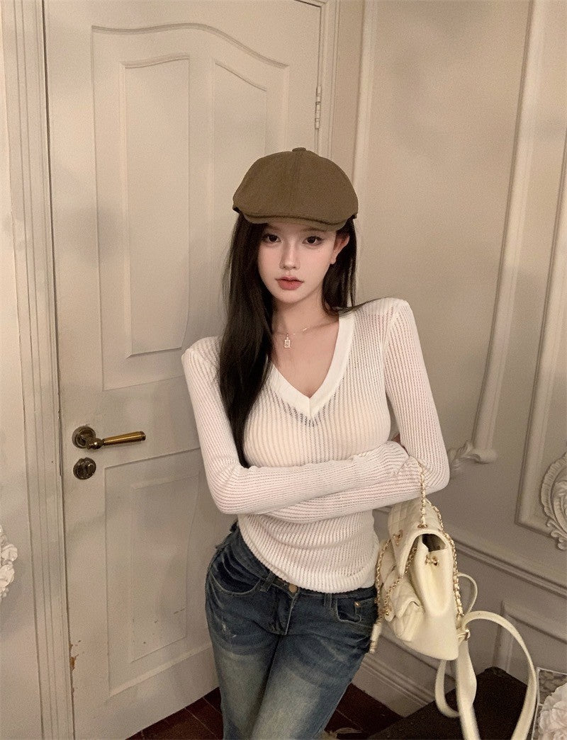 ''Na+''休閒百搭 V領網眼針織上衣 米/卡其 中腰半身裙