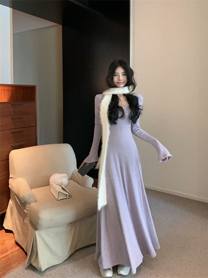 ''Na+''復古女伶一件可出門 V領魚尾裙擺連身裙 黑/淺紫