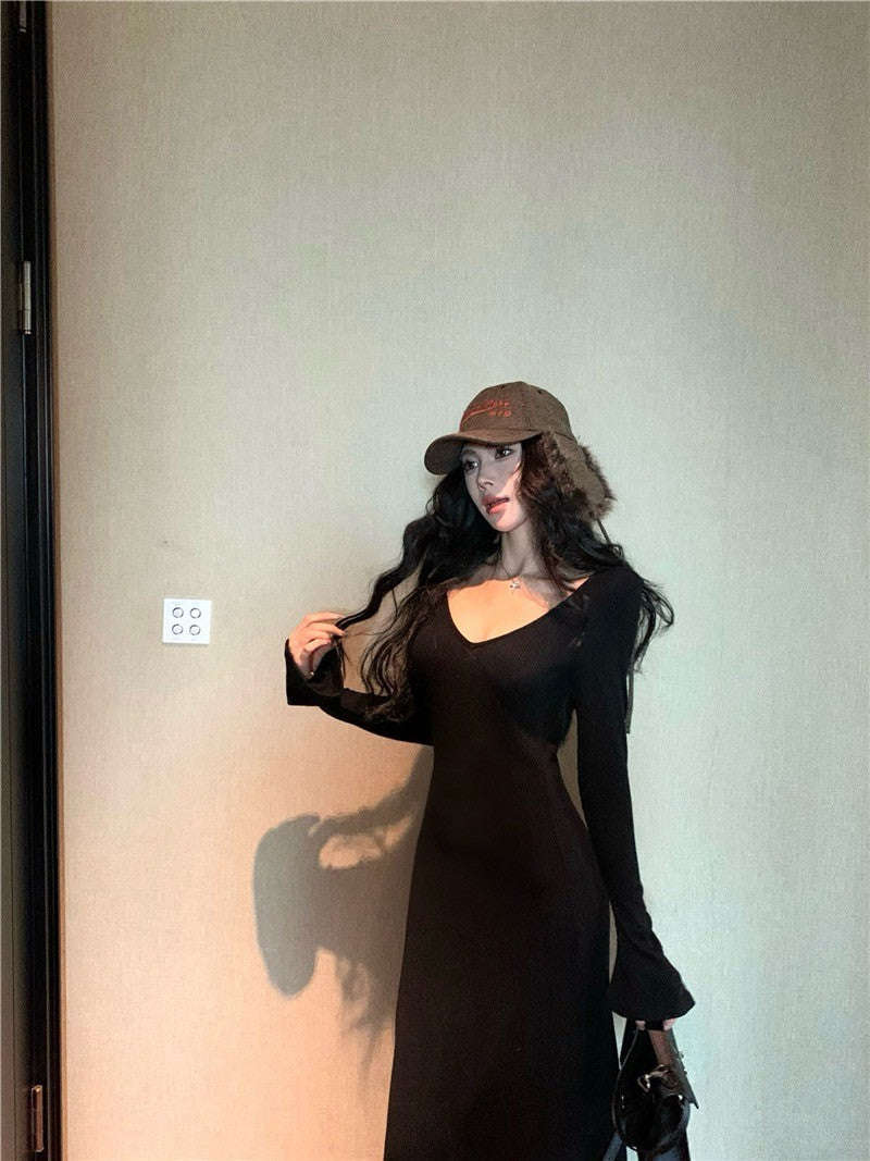 ''Na+''復古女伶一件可出門 V領魚尾裙擺連身裙 黑/淺紫