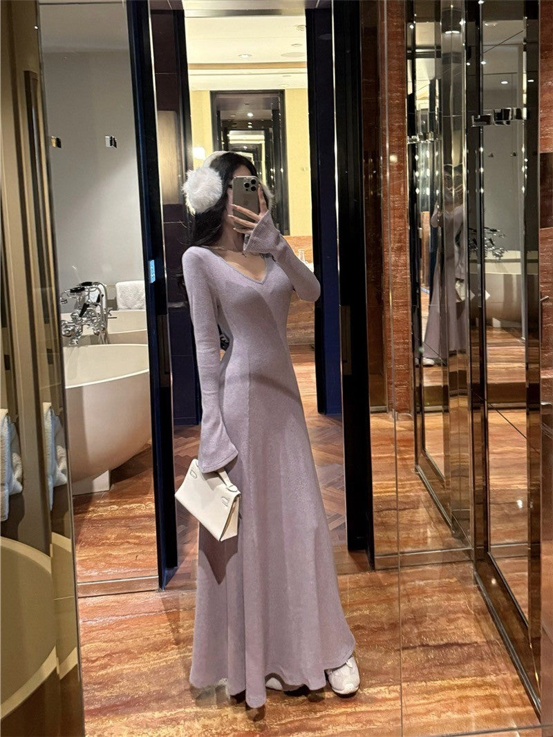 ''Na+''復古女伶一件可出門 V領魚尾裙擺連身裙 黑/淺紫