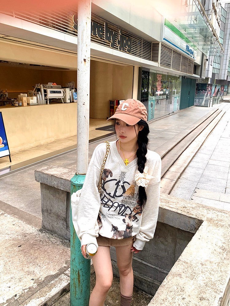 ''Na+''小狗藝術家 美式休閒V領套頭衛衣