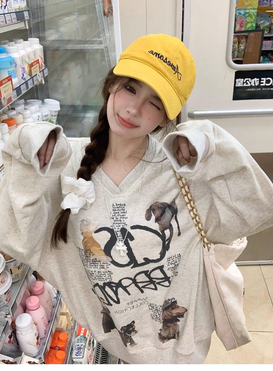 ''Na+''小狗藝術家 美式休閒V領套頭衛衣