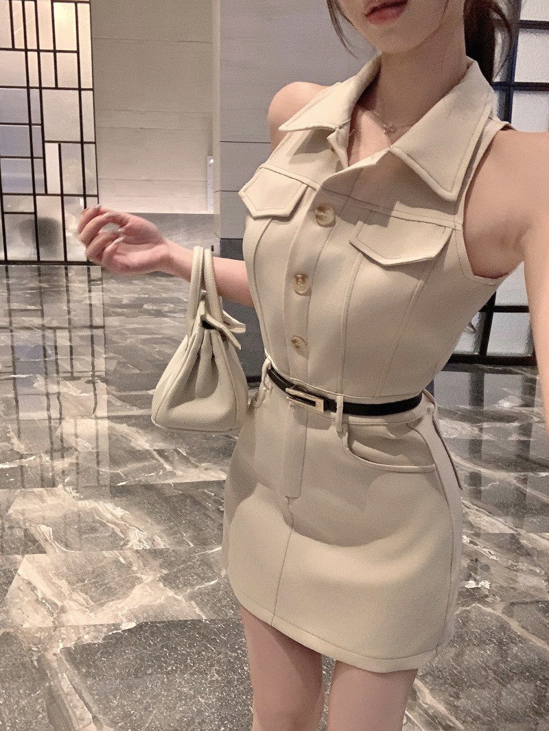 NA+ 韓女polo高腰背心連身裙 杏（附腰帶）