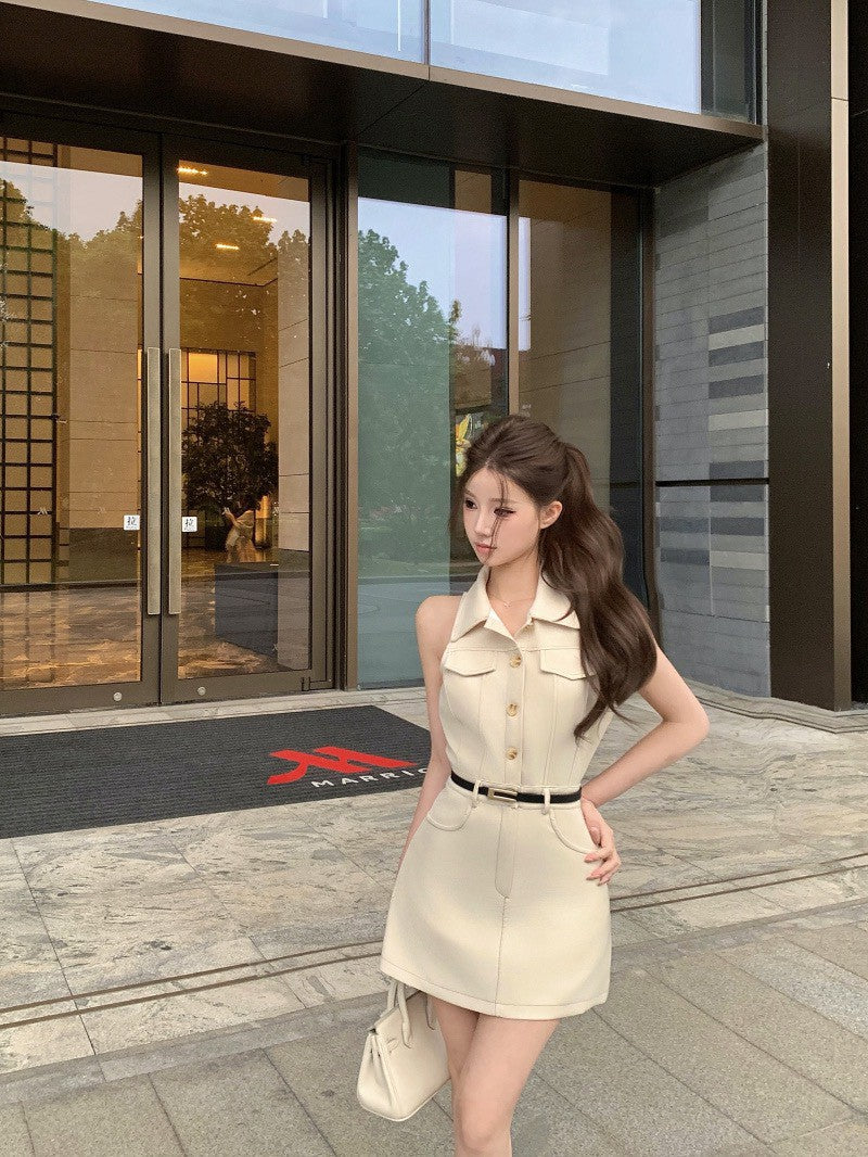 NA+ 韓女polo高腰背心連身裙 杏（附腰帶）