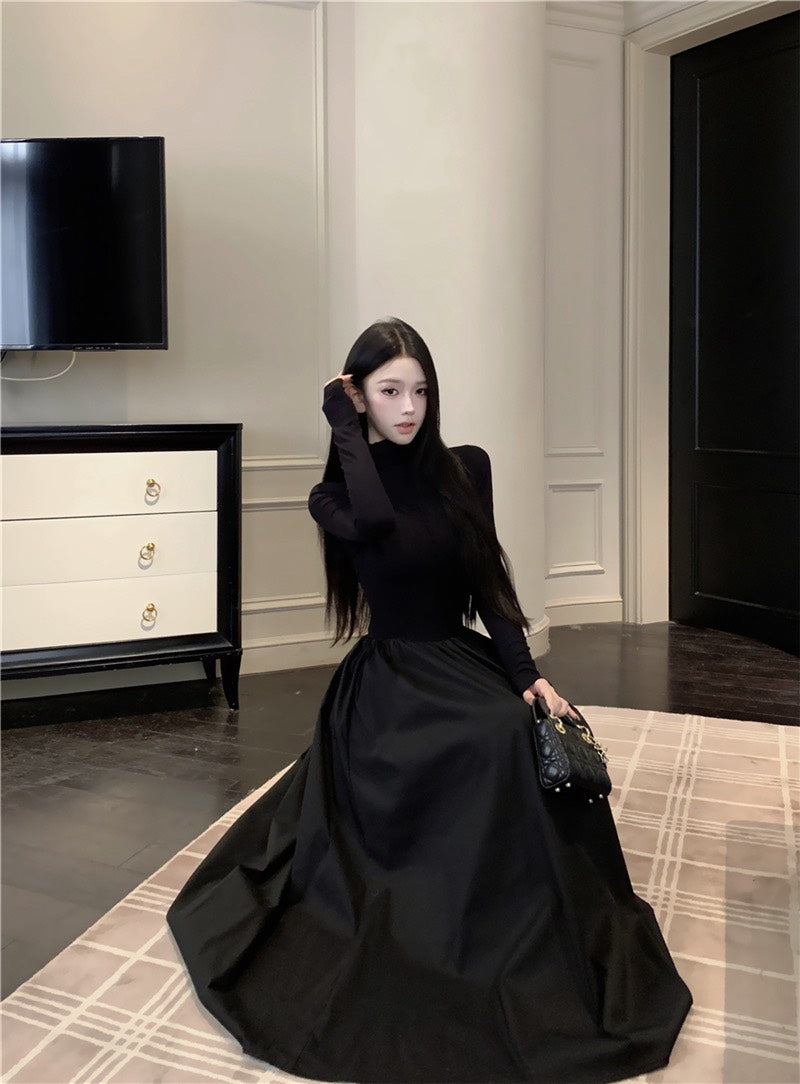 NA+ 暗黑女爵高領拼接針織連衣裙 黑