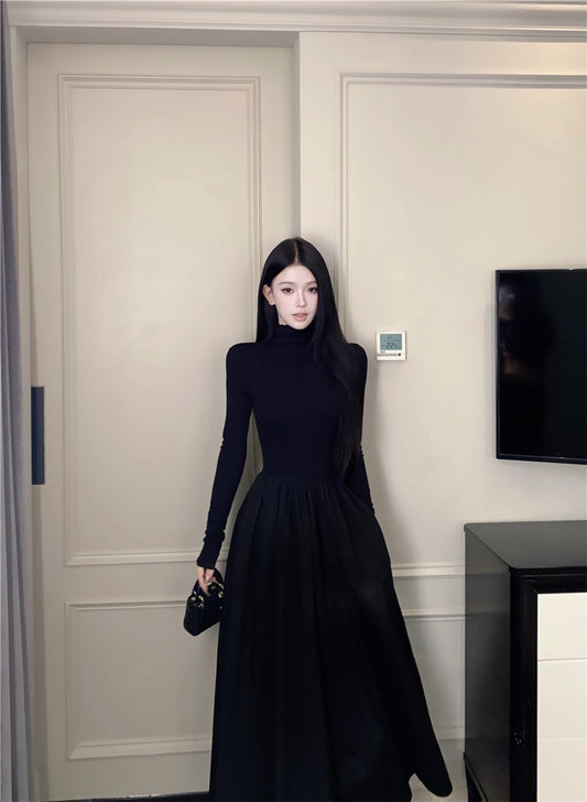 NA+ 暗黑女爵高領拼接針織連衣裙 黑