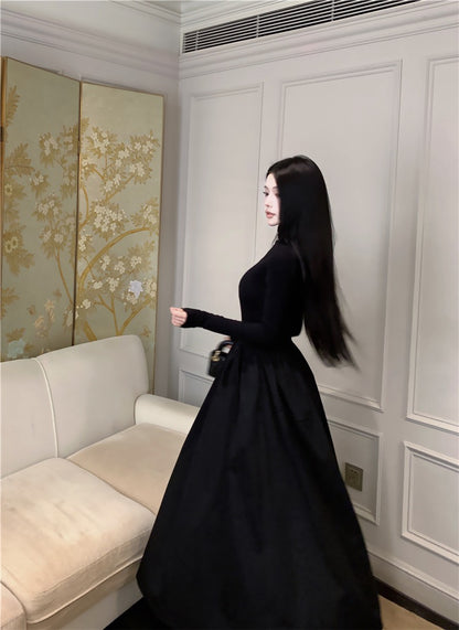 NA+ 暗黑女爵高領拼接針織連衣裙 黑