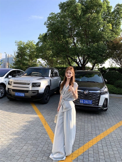 NA+ 解構老錢 不對稱扭結V領上衣/高腰闊腿褲 藍