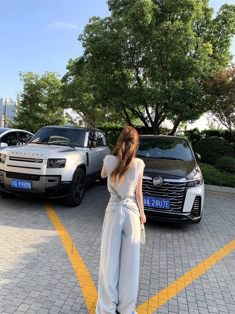 NA+ 解構老錢 不對稱扭結V領上衣/高腰闊腿褲 藍