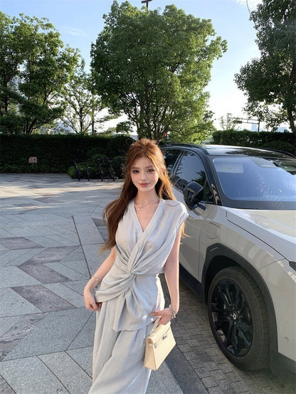 NA+ 解構老錢 不對稱扭結V領上衣/高腰闊腿褲 藍