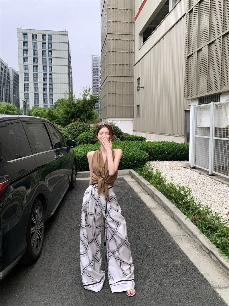 NA+ 老錢通勤私服 卡其休閒背心/印花闊腿褲