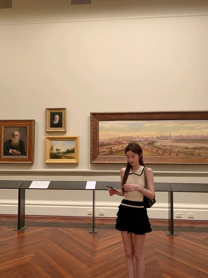 NA+ 戀戀巴黎娃娃領鉤針背心 黑色蛋糕半身裙