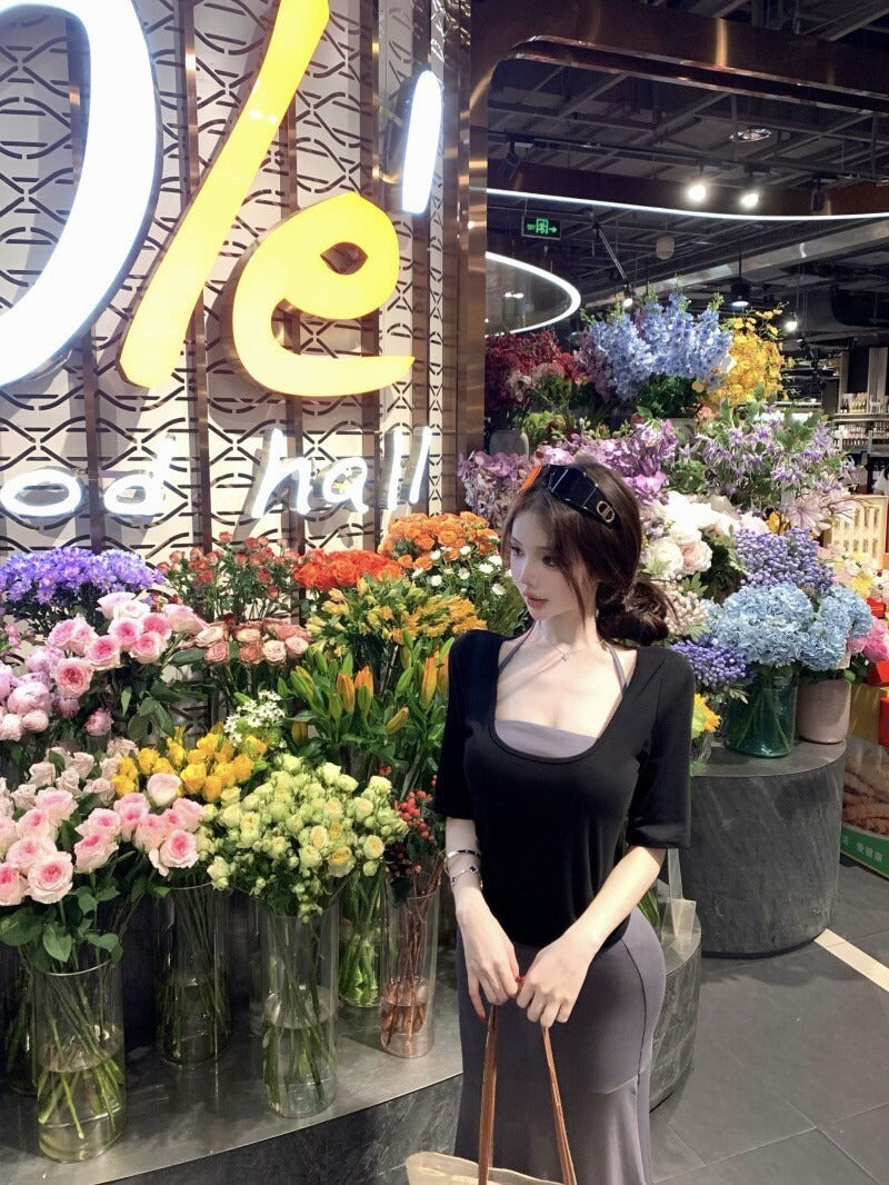 NA+ 輕熟女氣質寬鬆薄款針織上衣/內搭背心半身裙套裝