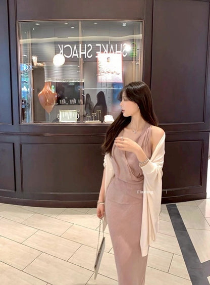 NA+ 淡若輕煙 氣質V領背心/魚尾修身半身裙 粉色