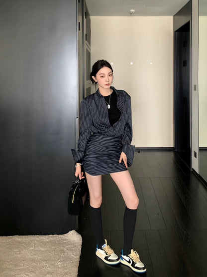 NA+ 御姐首選 復古條紋收腰襯衫包臀裙