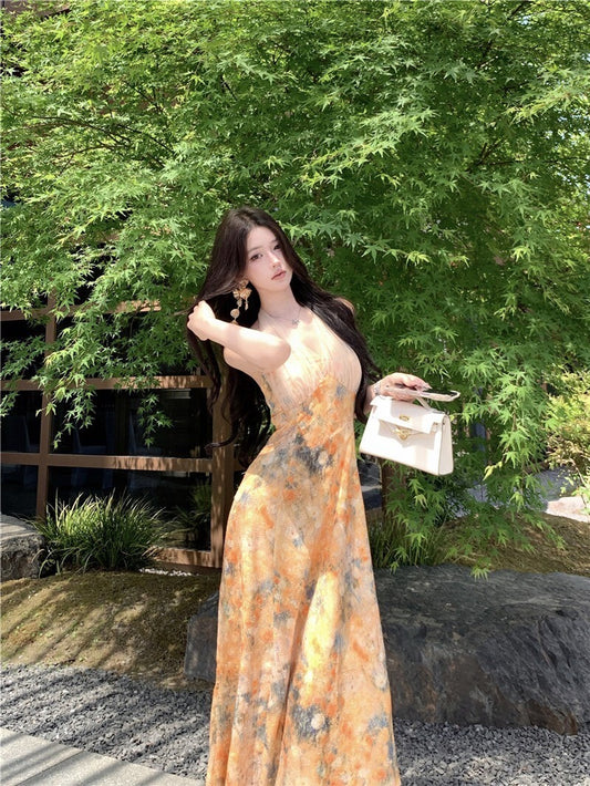 NA+ 油畫女主 剪花網紗度假連身裙