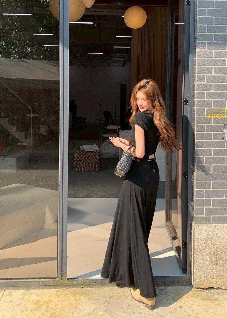 NA+ 基礎通勤 氣質圓領上衣半身裙套裝 黑