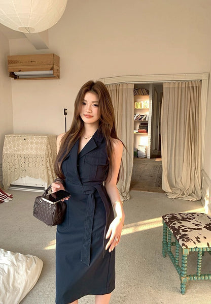 NA+ 時髦女神裙 通勤polo領無袖繫帶連身裙