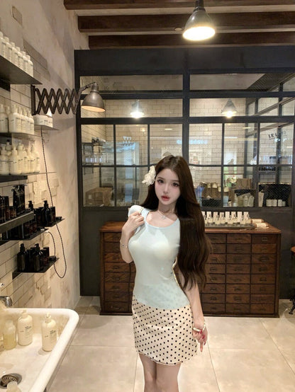 NA+ 清新檸檬 氣質閨女針織上衣/波點半身裙