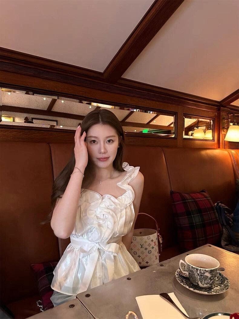 NA+ 娃娃vibe 重工魚線木耳邊繫帶上衣 白/黑