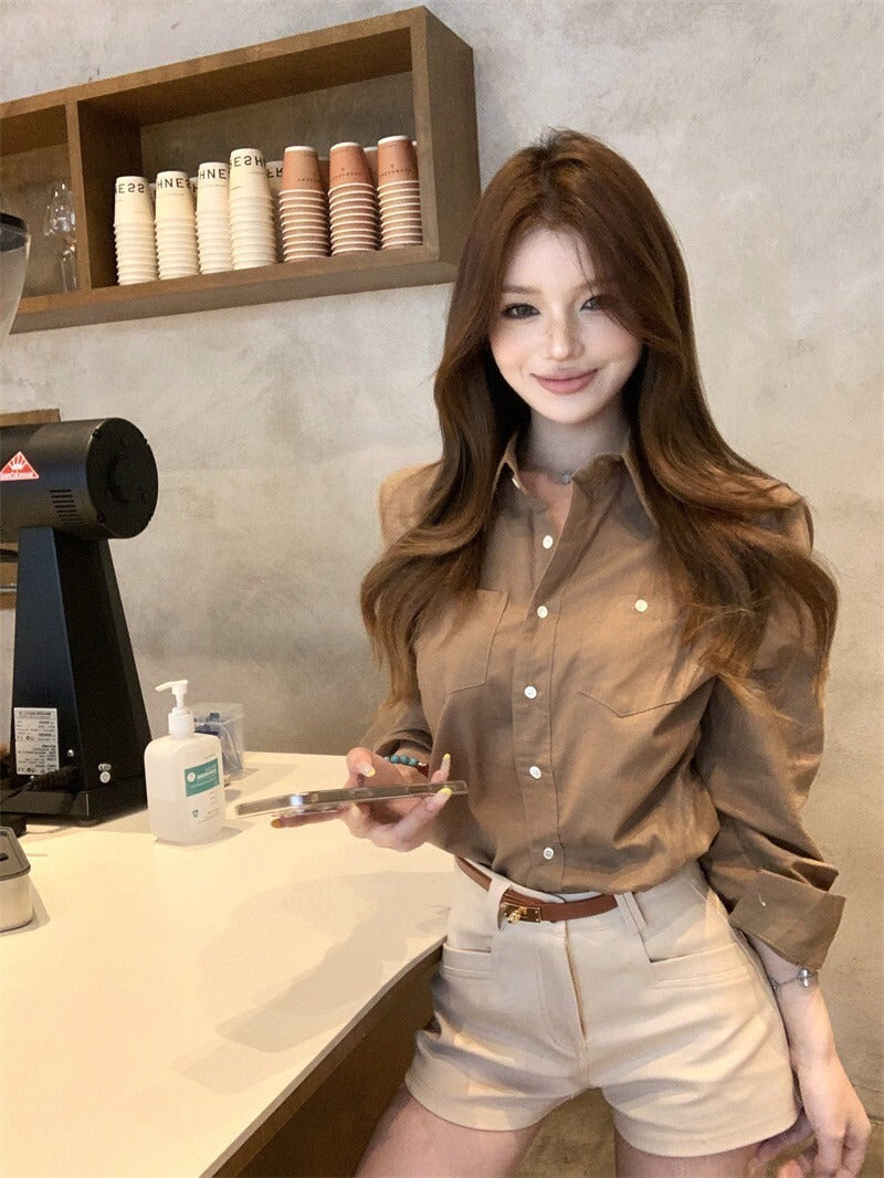 NA+ 率性女神 復古卡其色口袋襯衫/高腰休閒短褲