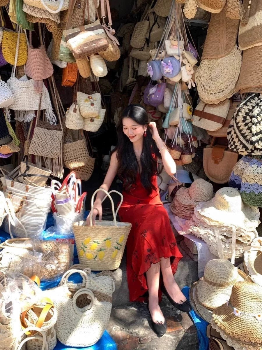 NA+ 紅酒微醺 復古薔薇花V領連身裙