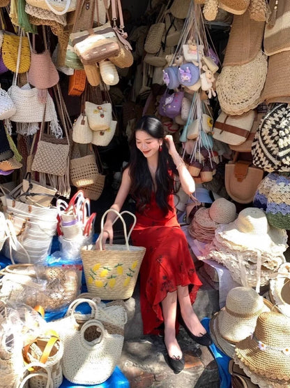 NA+ 紅酒微醺 復古薔薇花V領連身裙