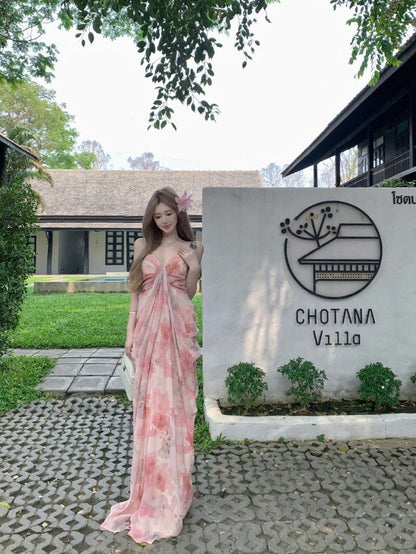 NA+ 春煙扶柳氣質扎染抹胸度假裙 粉