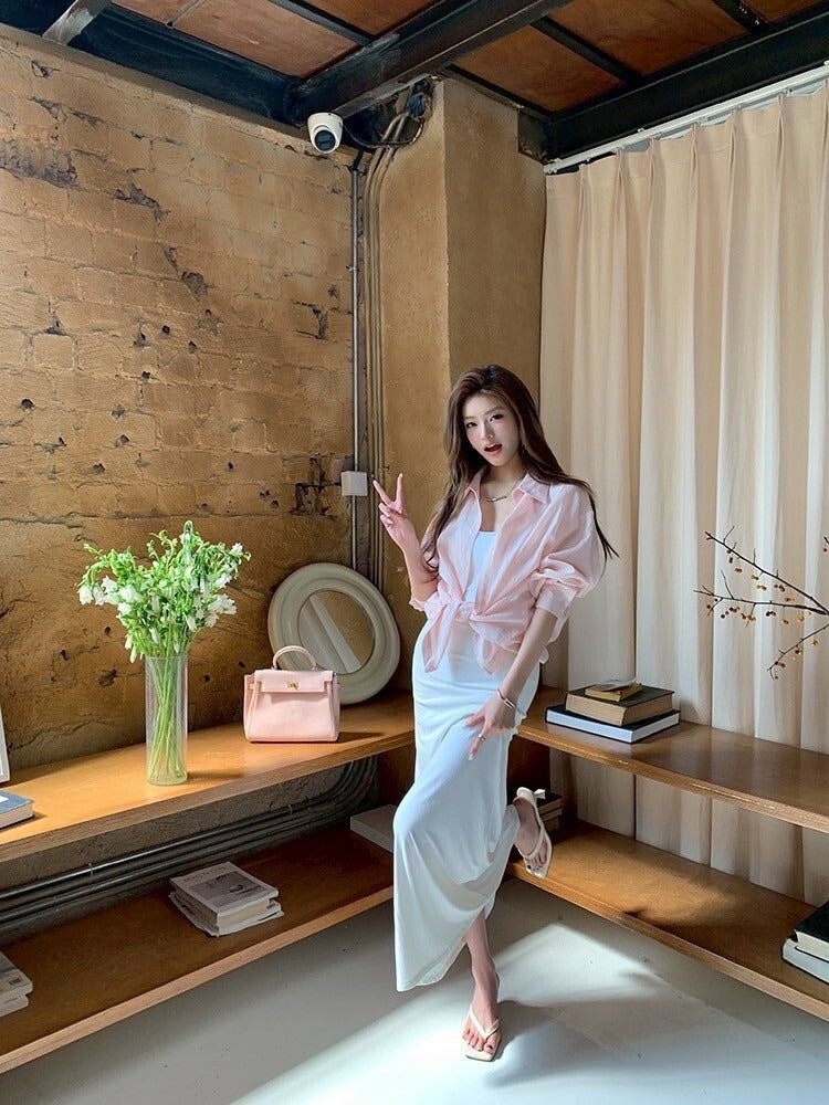 NA+ 超模私服 修身簡約白色連身裙/粉色襯衫