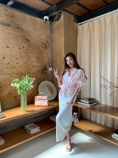 NA+ 超模私服 修身簡約白色連身裙/粉色襯衫