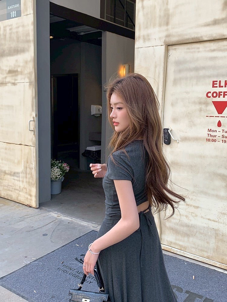 NA+ 基礎通勤 氣質圓領上衣半身裙套裝 灰