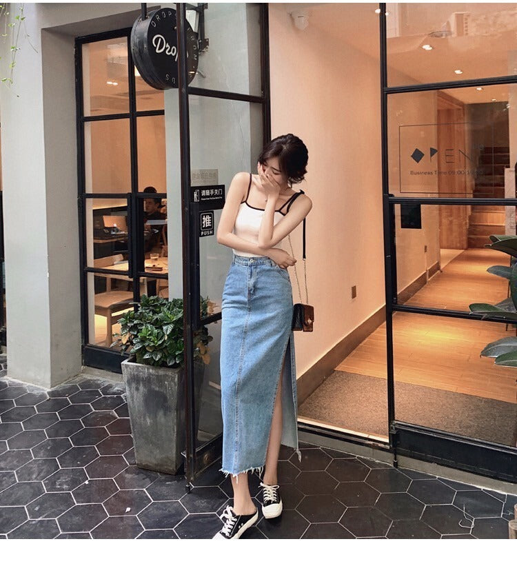 NA+ 簡約好看 修身側開衩牛仔半身裙