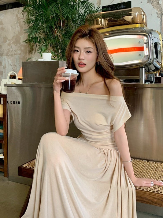 NA+ 日常通勤 杏色一字領懶人顯瘦套裝