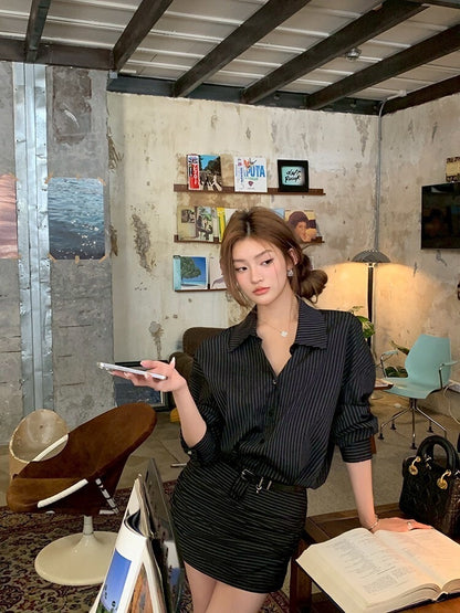 NA+ 御姐首選 復古條紋收腰襯衫包臀裙