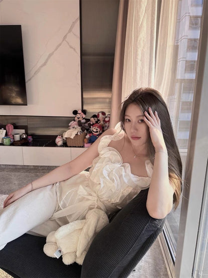 NA+ 娃娃vibe 重工魚線木耳邊繫帶上衣 白/黑