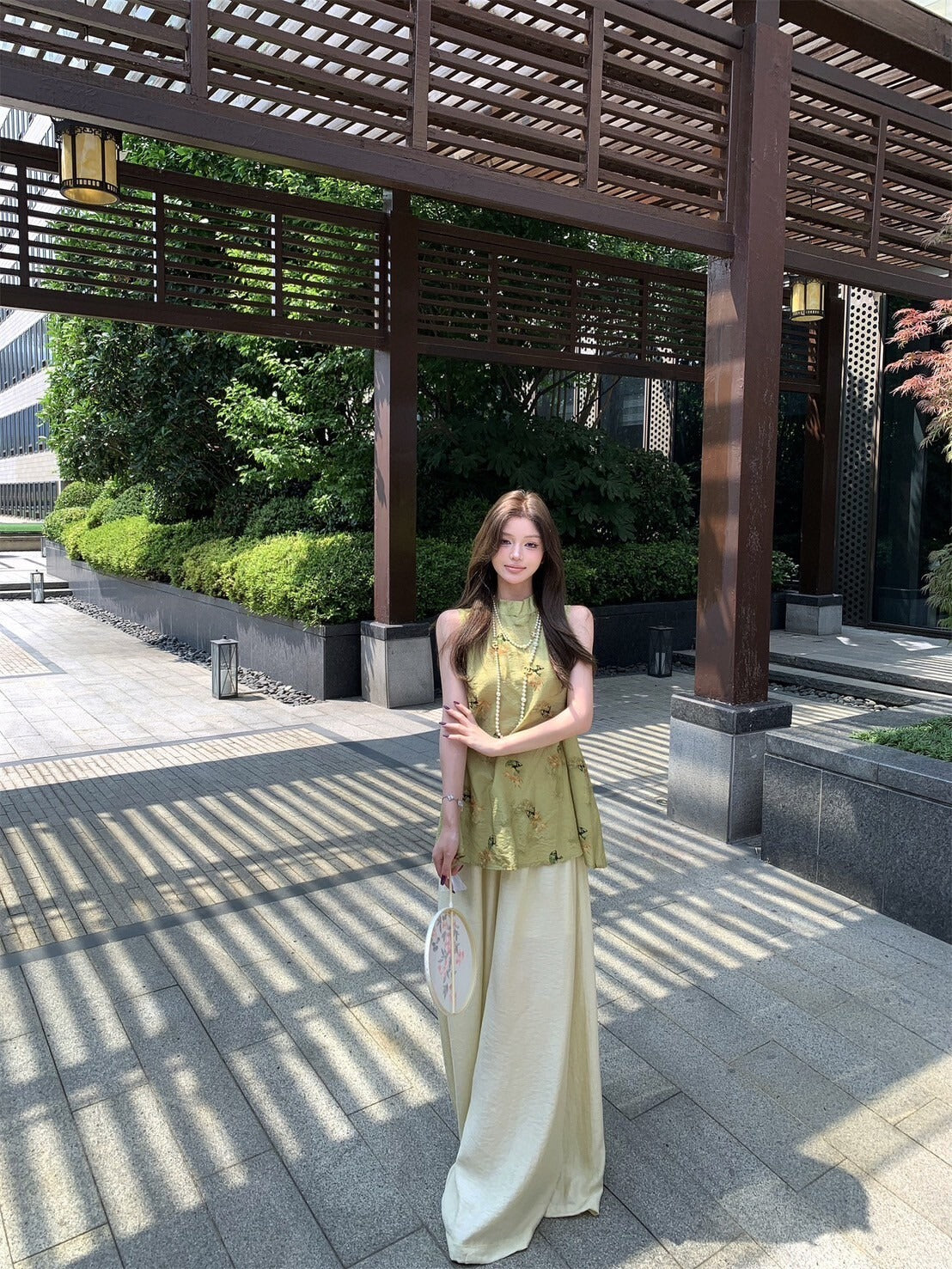 NA+ 飛花落葉 新中式提花背心/高腰闊腿褲