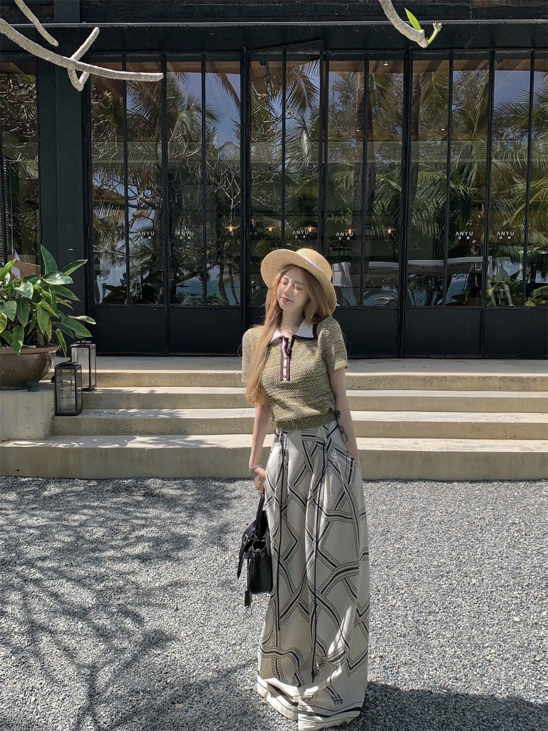 NA+ 老錢私服 貴族感polo領針織上衣/印花休閒褲