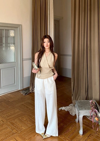 NA+ 溫柔開掛 簡約側收腰V領背心 杏