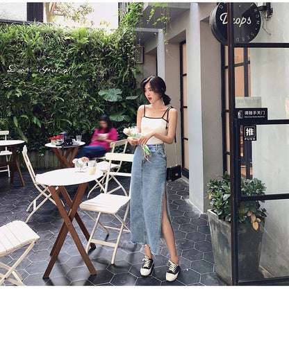 NA+ 簡約好看 修身側開衩牛仔半身裙