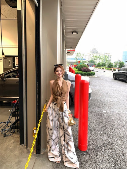 NA+ 老錢通勤私服 卡其休閒背心/印花闊腿褲