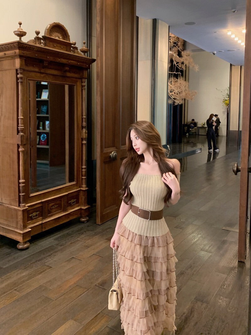 NA+ 輕奢時髦針織上衣 高腰網紗蛋糕裙